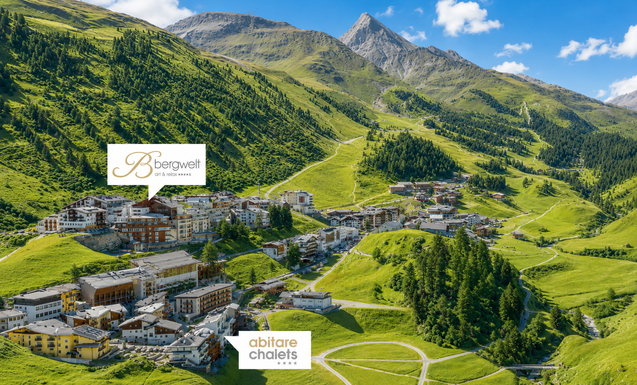 Sommer in Obergurgl – Hotel Bergwelt und abitare chalets Sommerpanorama von Obergurgl mit Blick auf das Hotel Bergwelt und die abitare chalets in sonniger Alpenlage